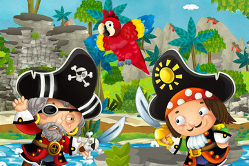 Obraz na płótnie Canvas cartoon scene with pirates fighting in the jungle - duel - illustration for children