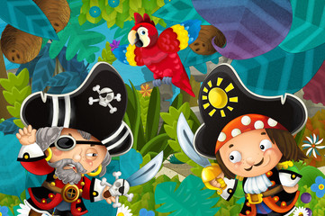 cartoon scene with pirates fighting in the jungle - duel - illustration for children