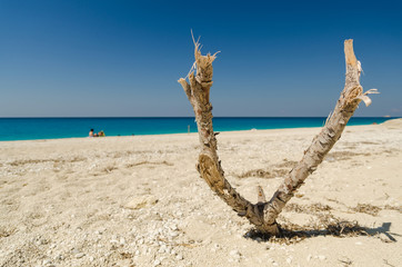 Wooden stick in slingshot shape on a sandy beach