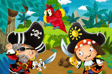 Obraz na płótnie Canvas cartoon scene with pirates fighting in the jungle - duel - illustration for children