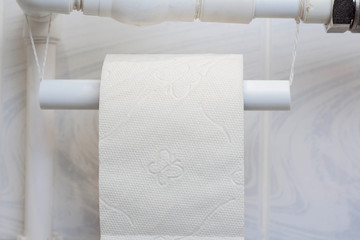 toilet paper for a makeshift holder out of plastic pipe