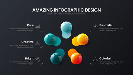 Business 5 option infographic presentation vector 3D colorful balls illustration. Corporate marketing analytics data report design layout. Company statistics information graphic visualization template