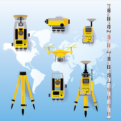 Geodetic measuring equipment icon set, engineering technology for land survey on world map baclground