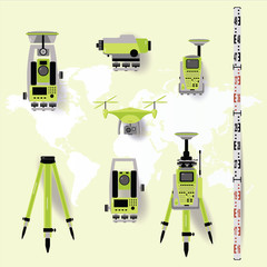 Geodetic measuring equipment, engineering technology for land survey on world map background. Flat design