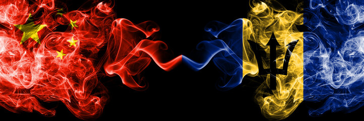 China vs Barbados, Barbadian smoke flags placed side by side. Thick colored silky smoke flags of Chinese and Barbados, Barbadian