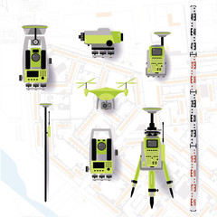 Geodetic equipment vector illustration. Measuring instruments in flat design. Theodolite, tacheometer, total station, drone, level, map sketch isolated on world map background.