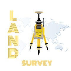 Geodetic measuring equipment, engineering technology for land survey on world map background