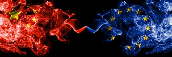 China vs European Union, EU smoke flags placed side by side. Thick colored silky smoke flags of Chinese and European Union, EU