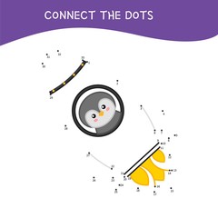 Educational game for kids. Dot to dot game for children. Cartoon cute penguin in a rocket.