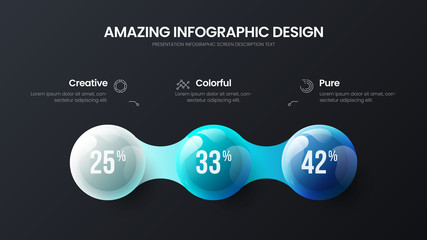 Business 3 option infographic presentation vector 3D colorful balls illustration. Corporate marketing analytics data report design layout. Company statistics information graphic visualization template