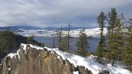 snow capped cliff edge trees and lake background