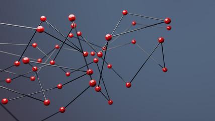 Red spheres on blue background, concept of network. 3D Rendering