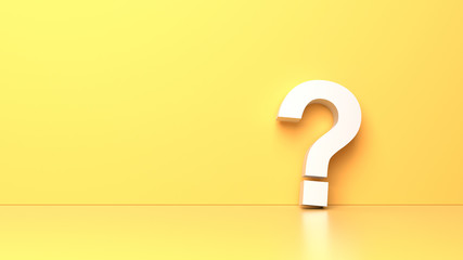 White question mark on yellow background with empty copy space on left side. 3D Rendering