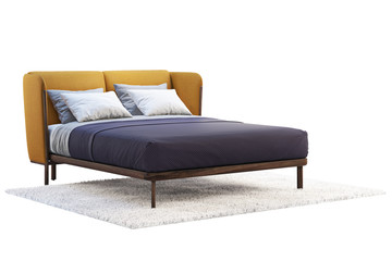 Luxury double bed with colorful headboard and linen. 3d render