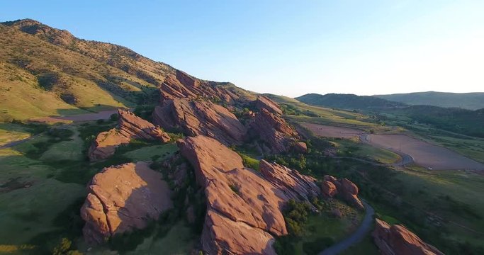Aerial flying toward Red Rocks venue Colorado Drone 4K