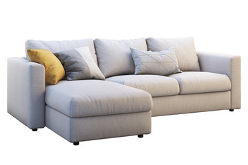 Modern beige fabric sofa with colored pillows. 3d render