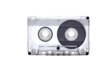 old audio tape cassette plastic transparent case isolated on white background side view.