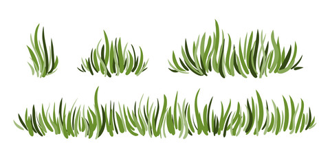 Hand drawn green grass set isolated on white background. Horizontal borders.