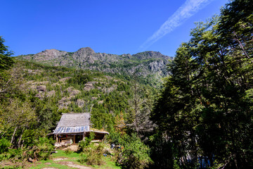 Small shelter in the middle of the andes mountains, El Bolson, Patagonia, Argentina