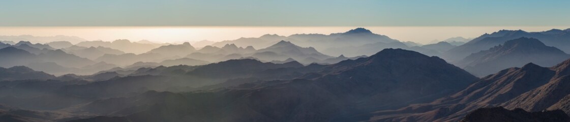 Egypt. Mount Sinai in the morning at sunrise. (Mount Horeb, Gabal Musa, Moses Mount). Pilgrimage place and famous touristic destination.