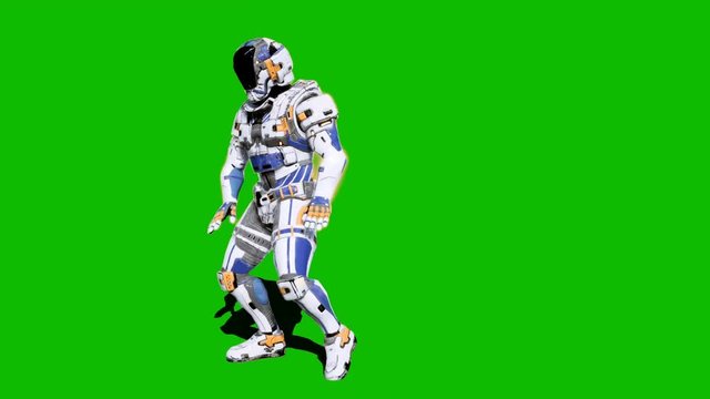 Astronaut-soldier of the future, dancing in front of a green screen. Looped realistic animation.