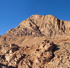 Egypt. Mount Sinai in the morning at sunrise. (Mount Horeb, Gabal Musa, Moses Mount). Pilgrimage place and famous touristic destination.
