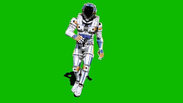Astronaut-soldier of the future, dancing in front of a green screen. Looped realistic animation.