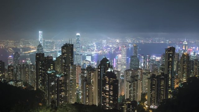 Time lapse scene of victoria peak at night city of urban central Hong Kong 4k video