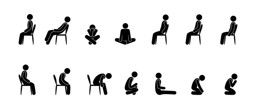 Pictogram man various poses, people sit on chairs set of silhouettes.