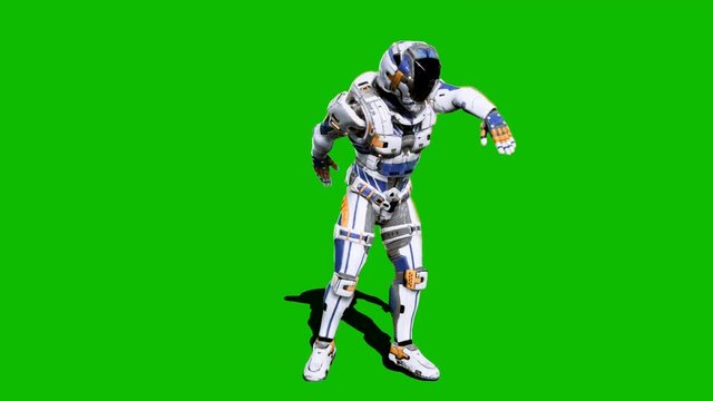 Astronaut-soldier of the future, dancing in front of a green screen. Looped realistic animation.
