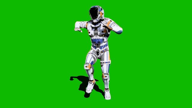 Astronaut-soldier of the future, dancing in front of a green screen. Looped realistic animation.