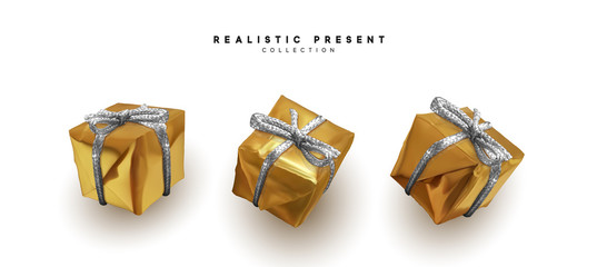 Gold Gifts box realistic. Set of decorative 3d presents.