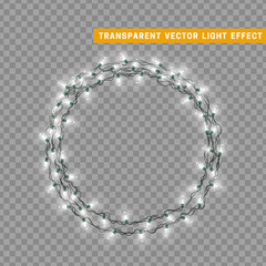 White round frame, wreath ring of Christmas lights isolated vector garland. Realistic Xmas lamp string.