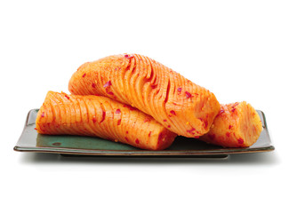 sliced radish kimchi  on white background