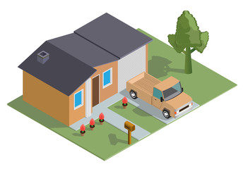 Isometric house with a parked car, tree, and mail box