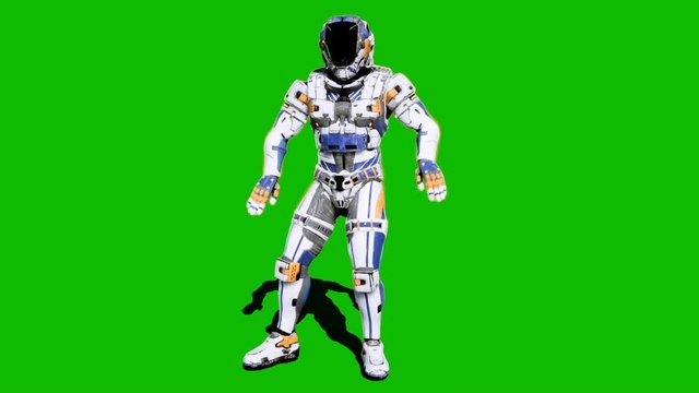 Astronaut-soldier of the future, dancing in front of a green screen. Realistic animation.