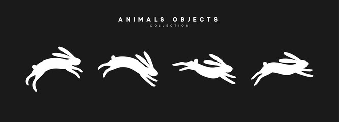 Set of rabbit illustration. Collection white bunny isolated on black background