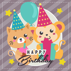 Obraz na płótnie Canvas happy birthday card with cute cat and monkey animal