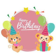 happy birthday round card with cute monkey