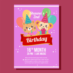 purple birthday party invitation with cute little cat