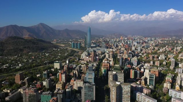 Aerial drone view of city downtown. Skyline Financial District in Providencia Neighborhood, Santiago de Chile