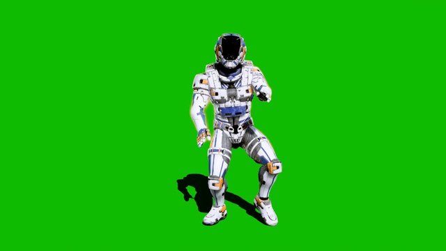 Astronaut-soldier of the future, dancing in front of a green screen. Realistic animation.