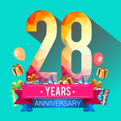 28 Years Anniversary Celebration Design, with gift box and balloons, red ribbon, Colorful polygonal logotype, Vector template elements for your birthday party.