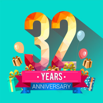 32 Years Anniversary Celebration Design, with gift box and balloons, red ribbon, Colorful polygonal logotype, Vector template elements for your birthday party.