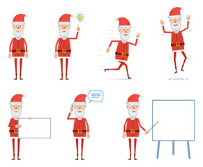 Set of Santa Claus characters posing in different situations. Cheerful Santa pointing up, running, jumping, talking to phone, teaching, holding blank banner. Flat style vector illustration