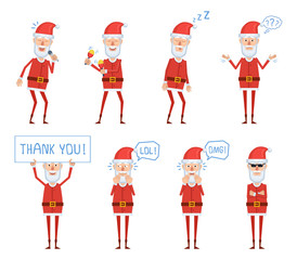 Set of Santa Claus characters posing in different situations. Cheerful Santa karaoke singing, dancing, sleeping, thinking, surprised, laughing, holding placard. Flat style vector illustration