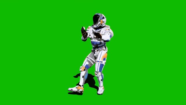 Astronaut-soldier of the future, dancing in front of a green screen. Realistic animation.