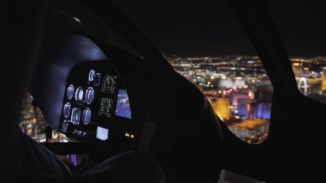 Areal view and The Maveric helicopter dashboard at night, Las Vegas Boulevard, Las Vegas, Nevada, USA