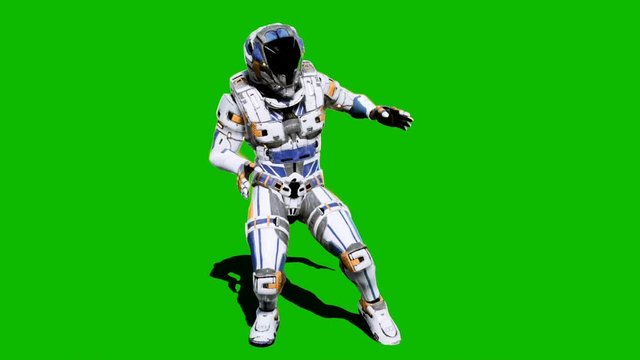 Astronaut-soldier of the future, dancing in front of a green screen. Looped realistic animation.