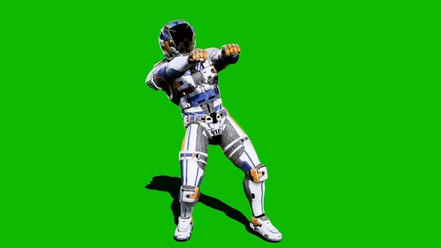 Astronaut-soldier of the future, dancing in front of a green screen. Looped realistic animation.
